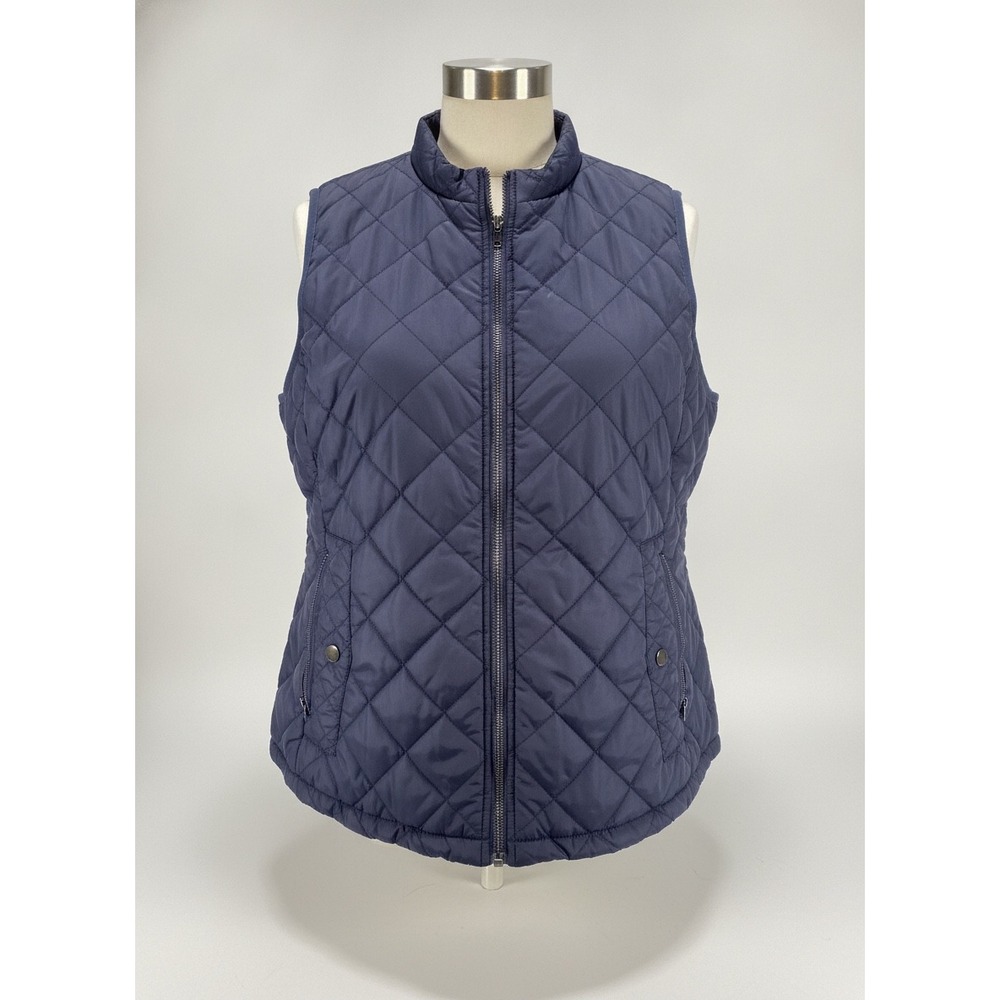 Navy Blue Quilted Vest Womens XL Diamond Stitch Full Zip Mock Neck Pockets